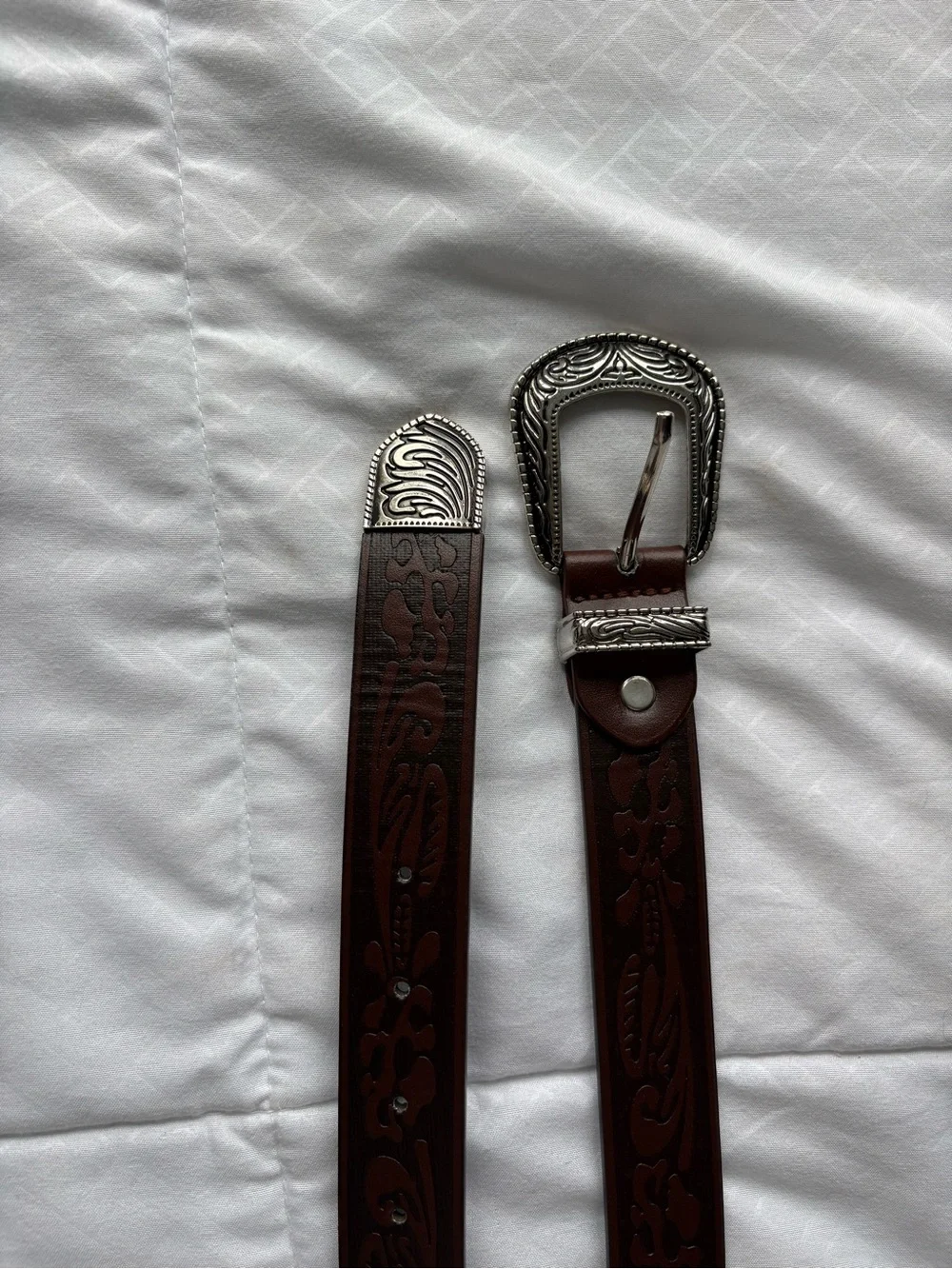Tooled Brown Leather Belt with Ornate Silver Buckle